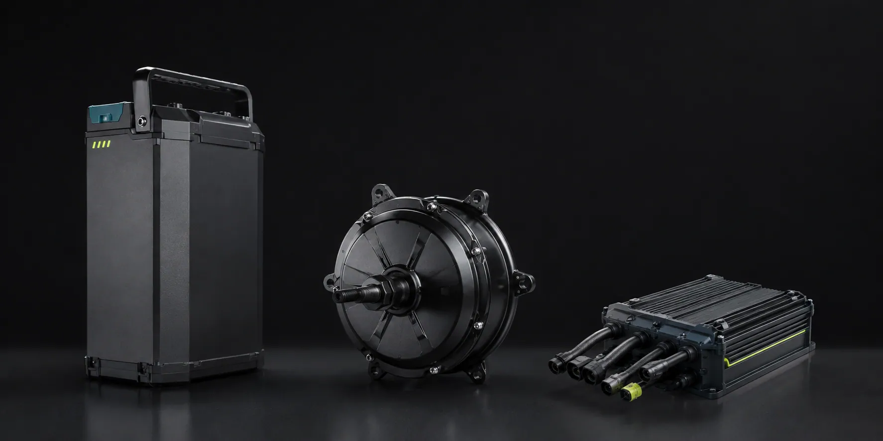 ZYX core systems photographed on black: a lithium battery pack, an electric motor and a controller