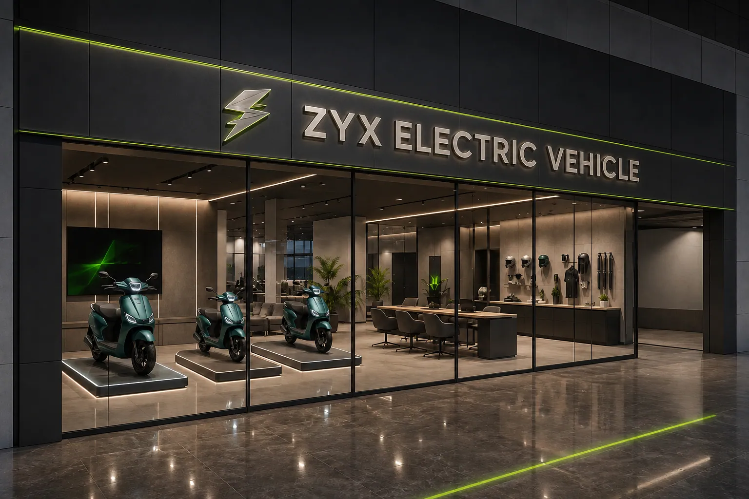 Concept render of a ZYX outlet at night with a graphite facade and scooters on lit platforms