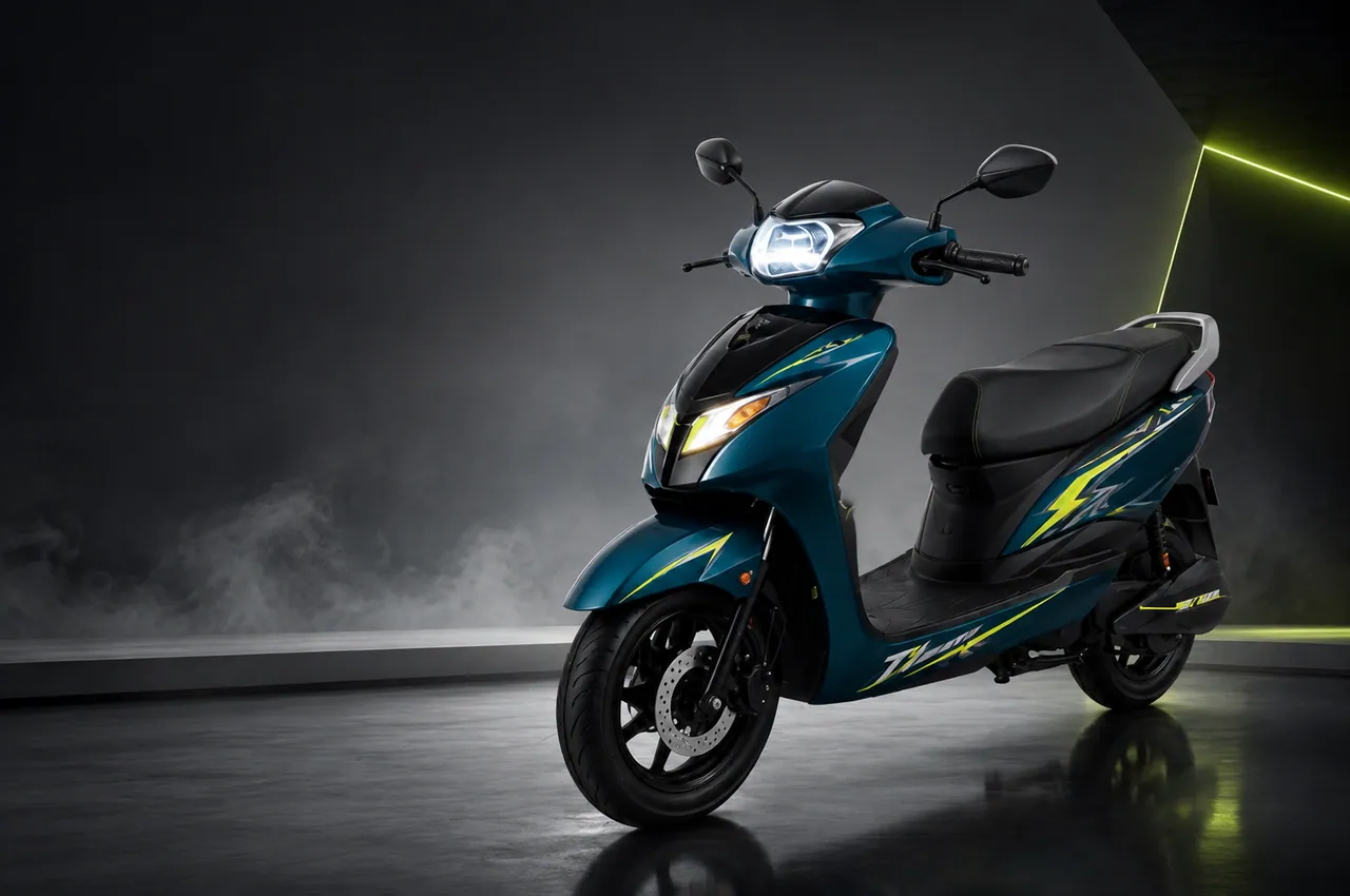 ZYX electric scooter in a teal finish with lime lightning decals, headlamp lit, in a dark studio