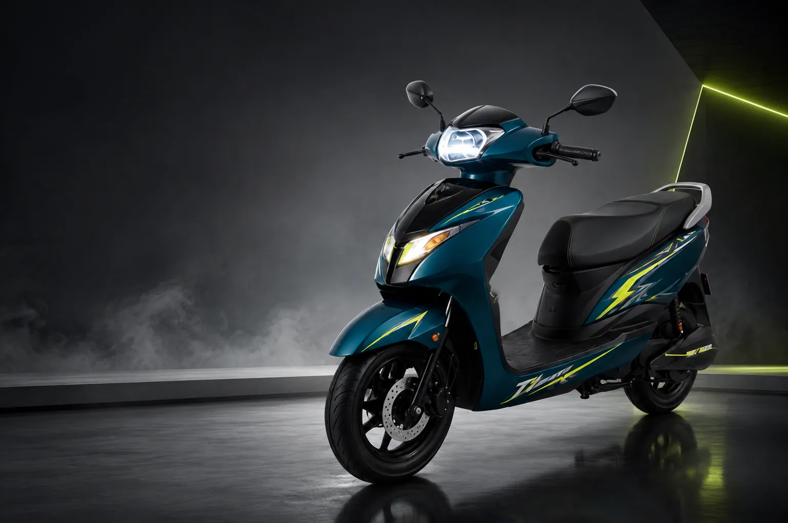 ZYX electric scooter in a teal finish with lime lightning decals, seen from the front three-quarter angle in a dark studio